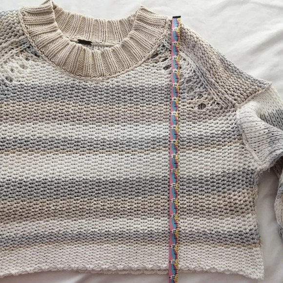 Free People Devon Open Knit Crewneck Cropped Sweater Neutral Stripes Medium - Picture 13 of 14